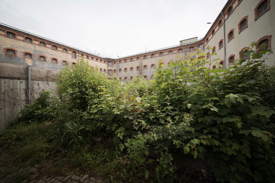 Stark bewachsener Innenhof vor der langen Fassade des Zellentrakts